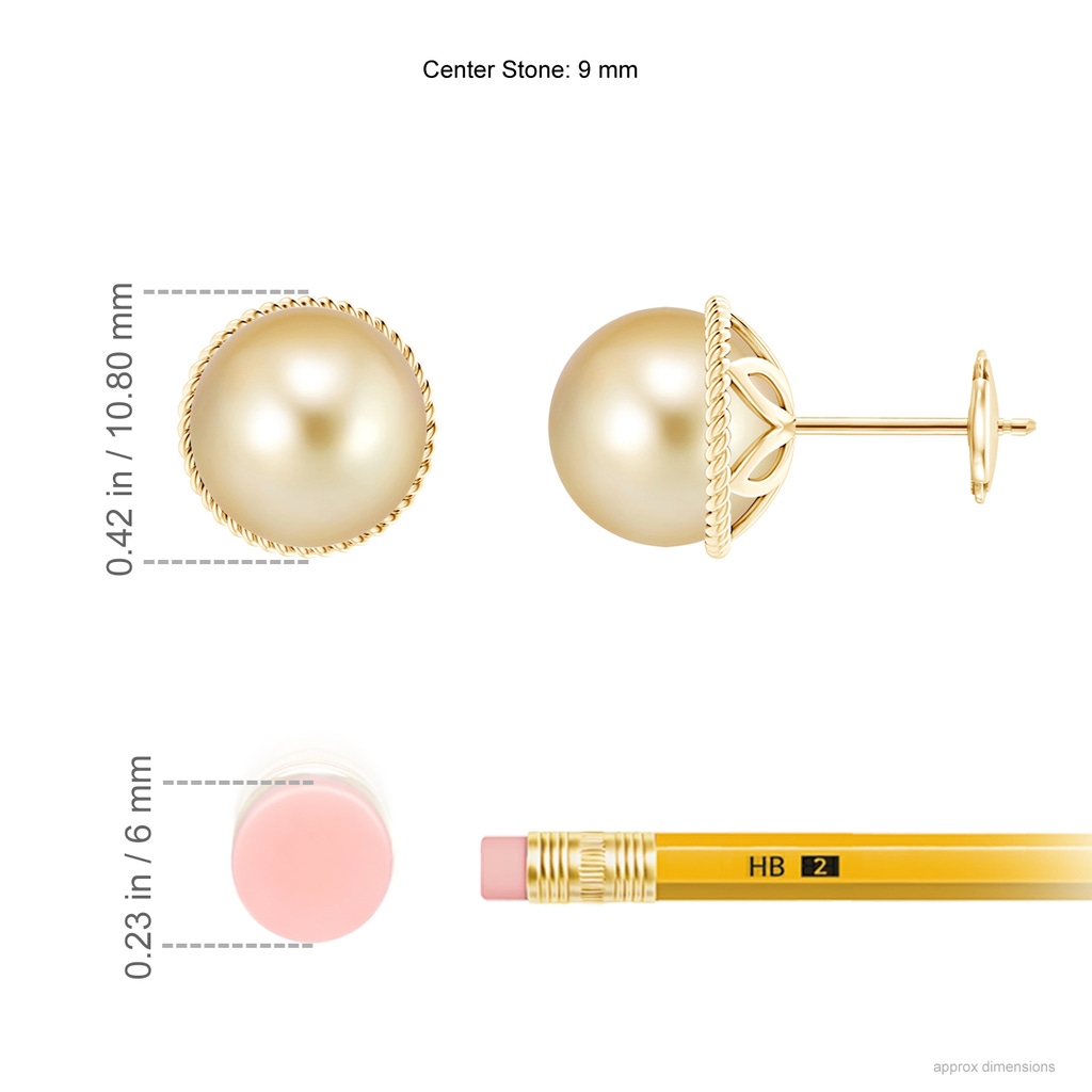 9mm AAAA Golden South Sea Pearl Earrings with Rope Frame in Yellow Gold ruler