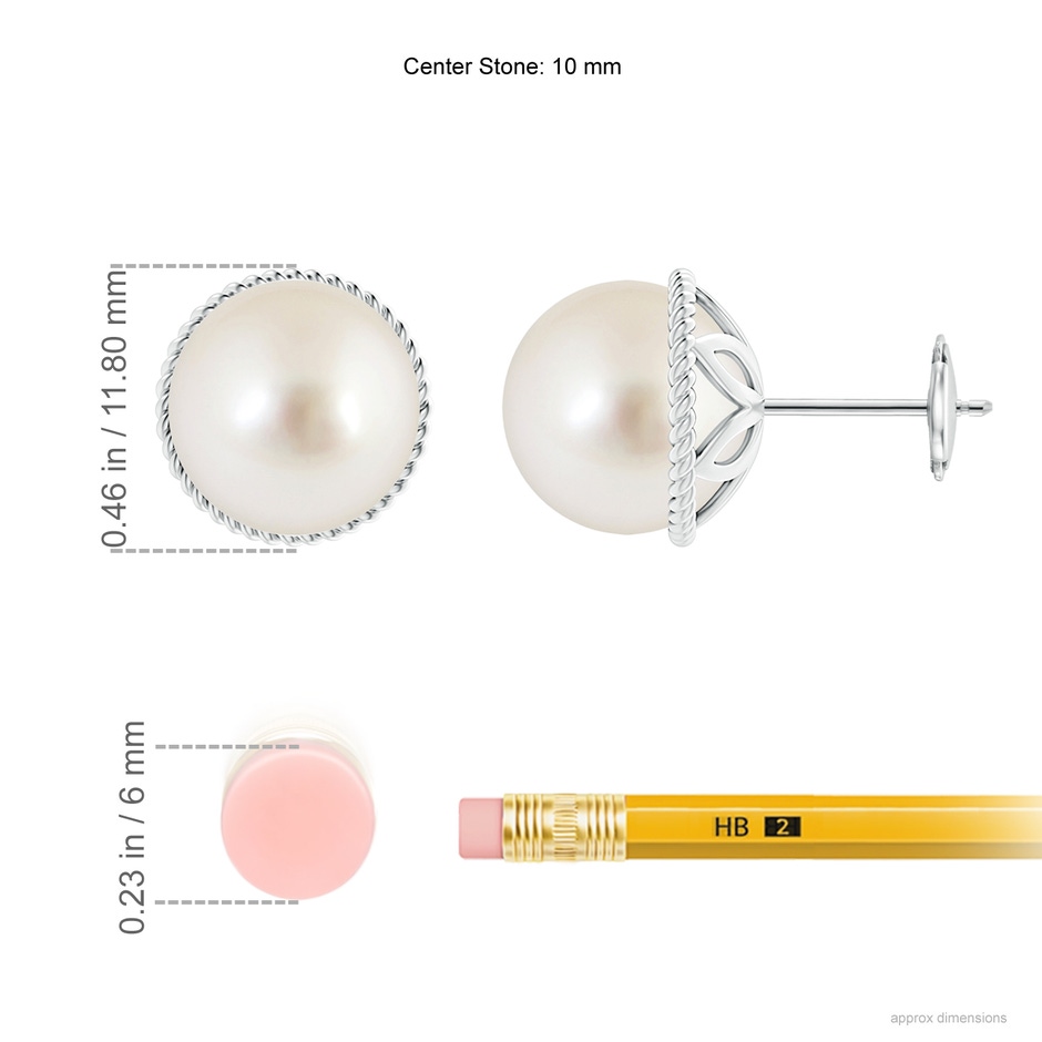 10mm AAAA South Sea Cultured Pearl Earrings with Twisted Rope Frame in 18K White Gold ruler