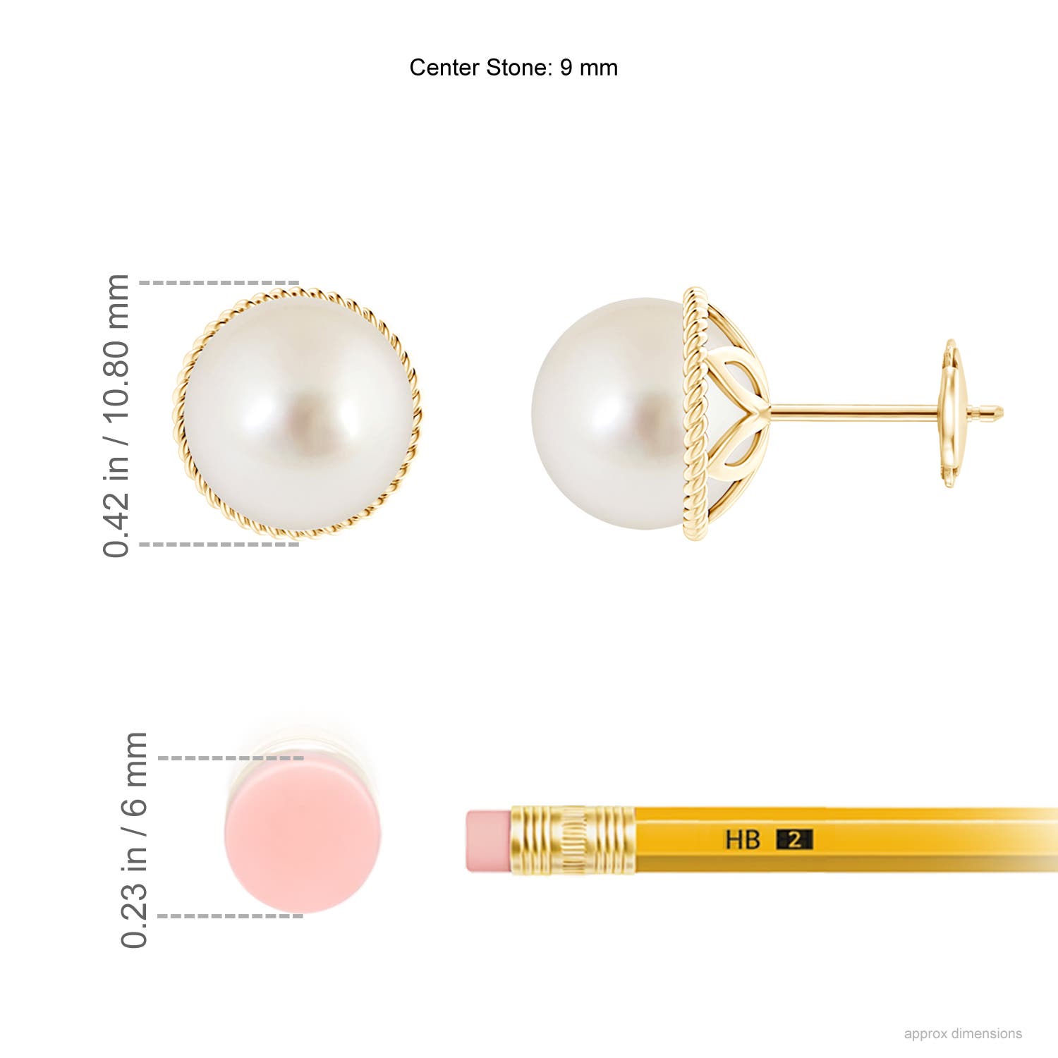 9mm AAAA South Sea Cultured Pearl Earrings with Twisted Rope Frame in Yellow Gold - ruler