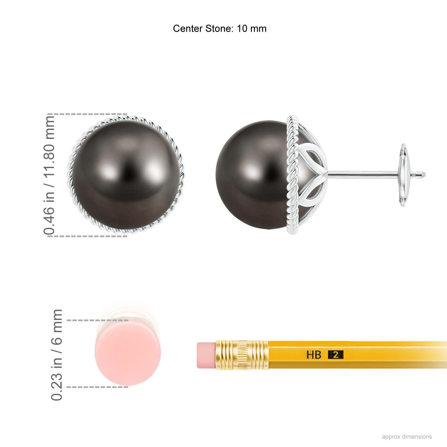 10mm AAA Tahitian Pearl Earrings with Twisted Rope Frame in White Gold - ruler