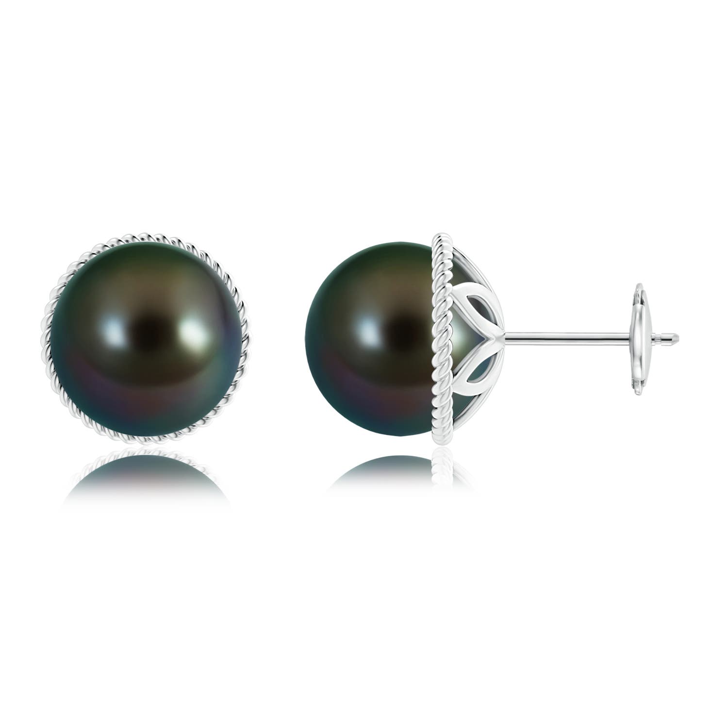 10mm AAAA Tahitian Pearl Earrings with Twisted Rope Frame in 18K White Gold