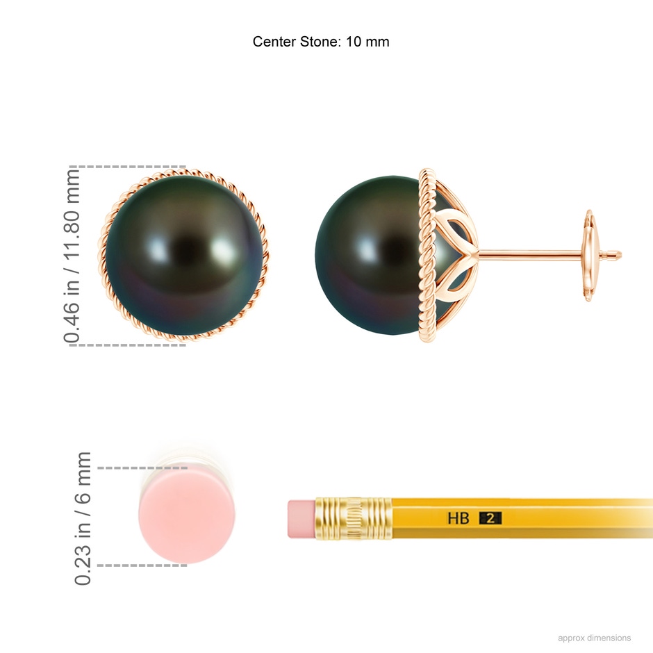 10mm AAAA Tahitian Pearl Earrings with Twisted Rope Frame in Rose Gold ruler