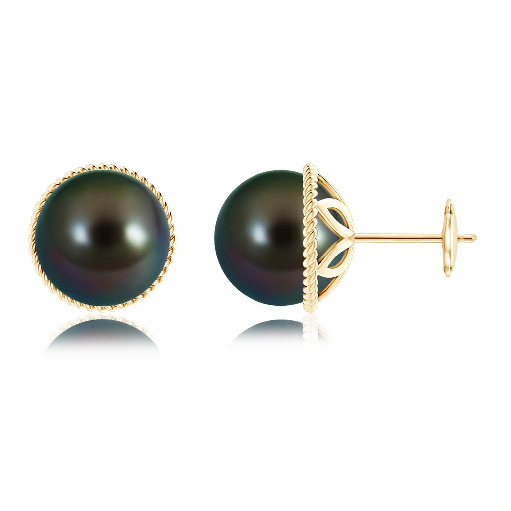 10mm AAAA Tahitian Pearl Earrings with Twisted Rope Frame in Yellow Gold