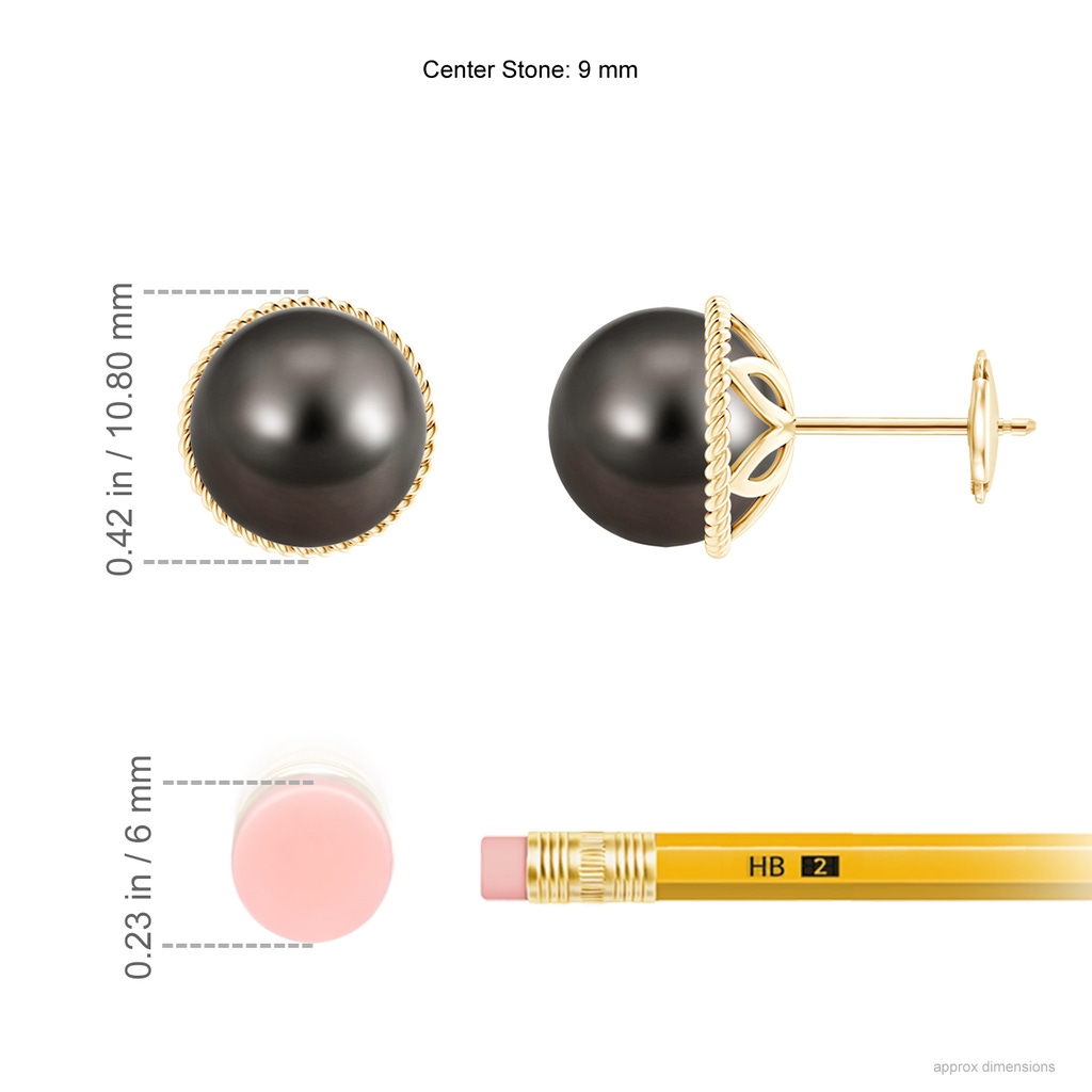 9mm AAA Tahitian Pearl Earrings with Twisted Rope Frame in Yellow Gold Ruler