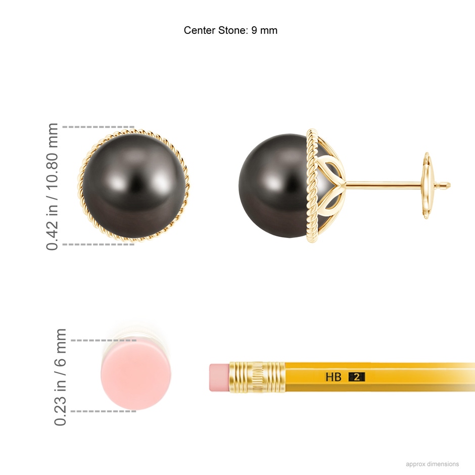 9mm AAA Tahitian Pearl Earrings with Twisted Rope Frame in Yellow Gold ruler