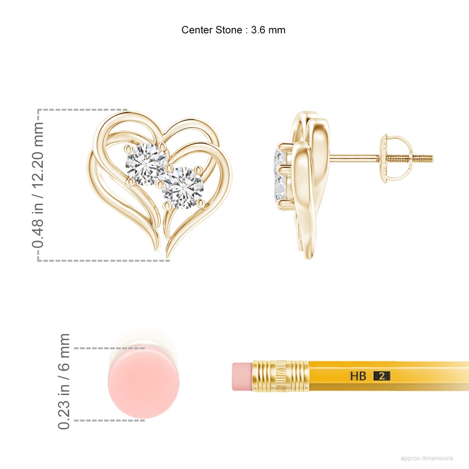 3.6mm HSI2 Entwined Heart Two Stone Diamond Stud Earrings in Yellow Gold Ruler