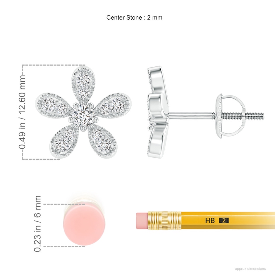 2mm HSI2 Diamond Daisy Flower Stud Earrings in White Gold ruler