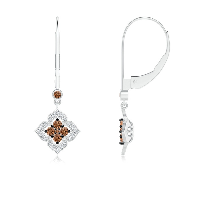 1.7mm AAAA Coffee and White Diamond Floral Dangle Earrings in White Gold