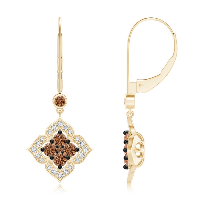 2.5mm AAAA Coffee and White Diamond Floral Dangle Earrings in Yellow Gold