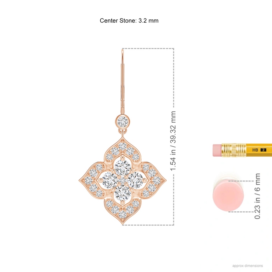 3.2mm HSI2 Diamond Clover Leverback Earrings in Rose Gold ruler