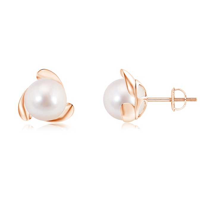 8mm AAAA Akoya Cultured Pearl Flower Stud Earrings in Rose Gold