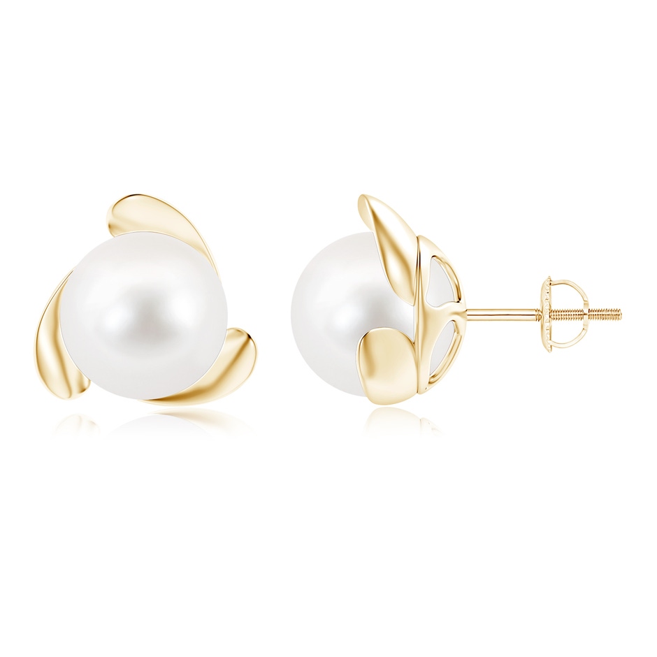 10mm AA Freshwater Pearl Flower Stud Earrings in Yellow Gold 