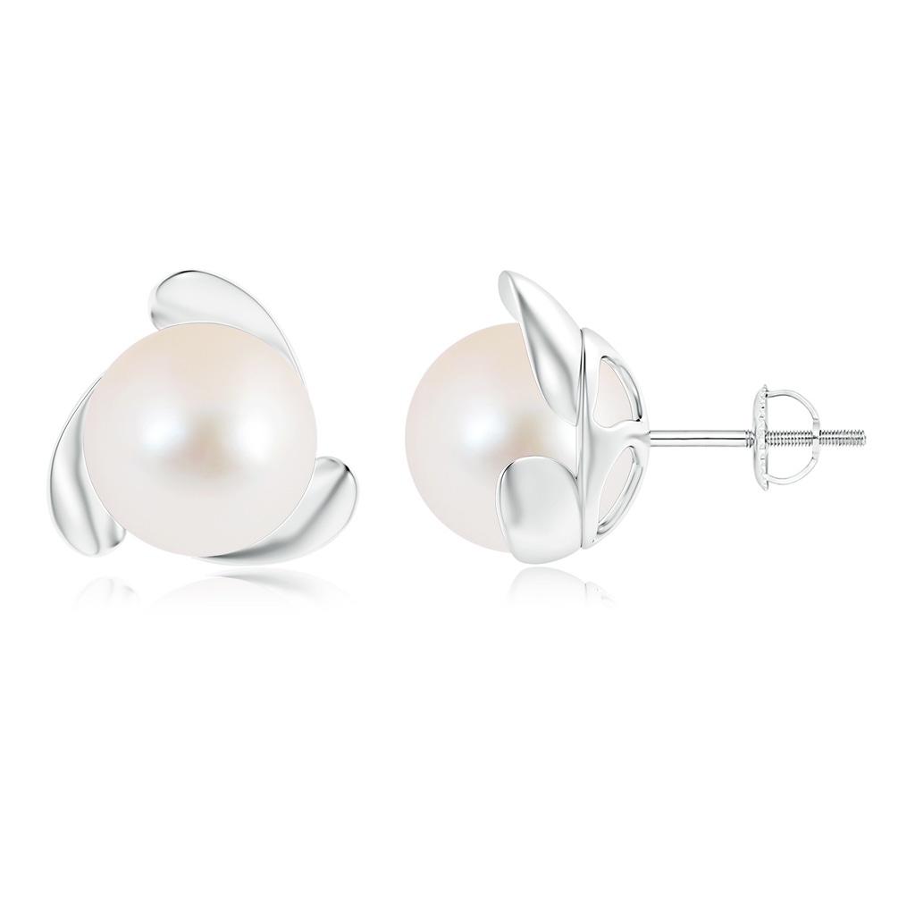 10mm AAA Freshwater Pearl Flower Stud Earrings in White Gold