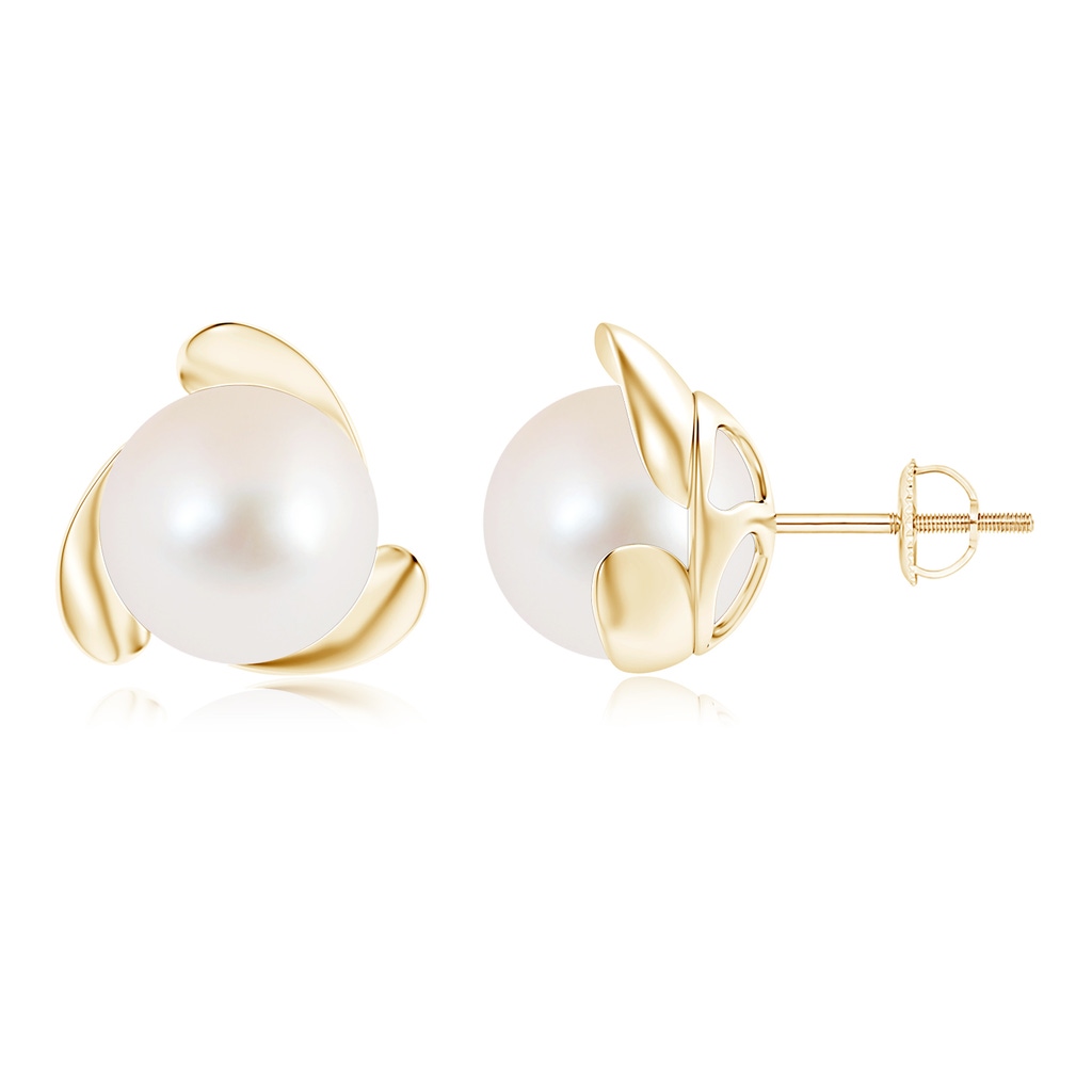 10mm AAA Freshwater Pearl Flower Stud Earrings in Yellow Gold