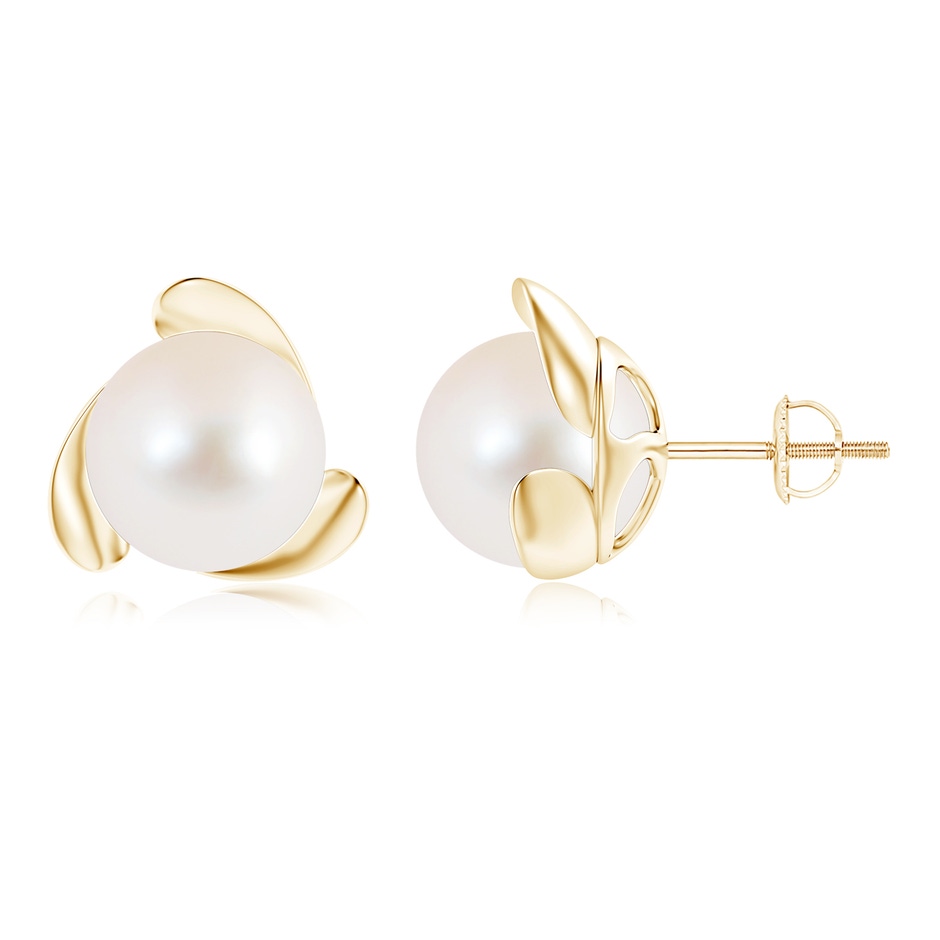 10mm AAA Freshwater Pearl Flower Stud Earrings in Yellow Gold 
