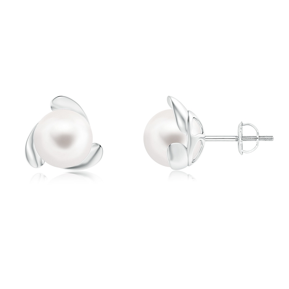 8mm AA Freshwater Pearl Flower Stud Earrings in White Gold 