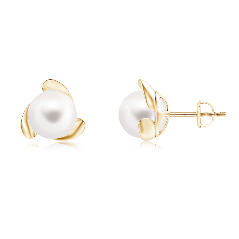 8mm AA Freshwater Pearl Flower Stud Earrings in Yellow Gold 