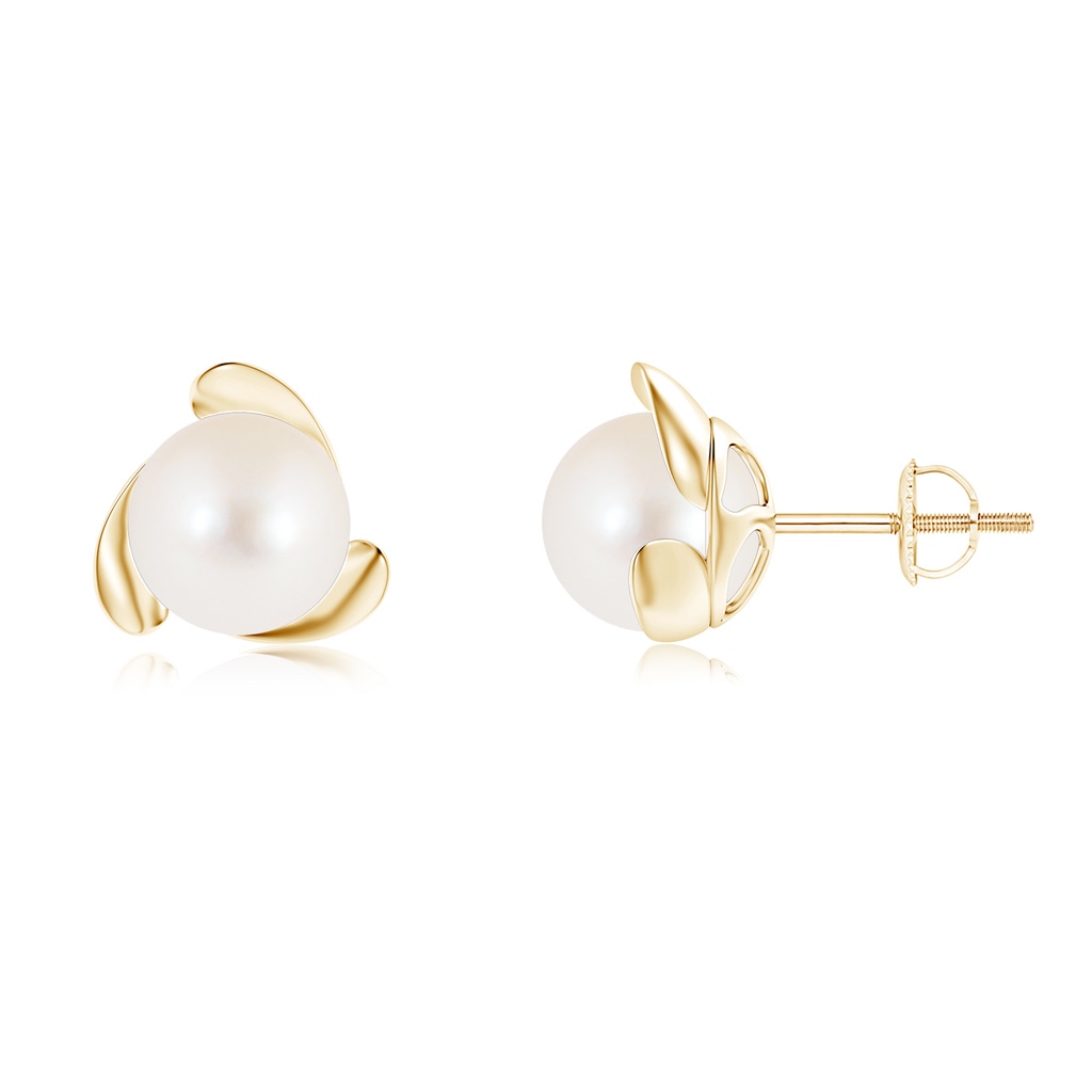 8mm AAA Freshwater Pearl Flower Stud Earrings in Yellow Gold 