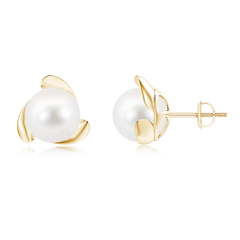 9mm AA Freshwater Pearl Flower Stud Earrings in Yellow Gold 