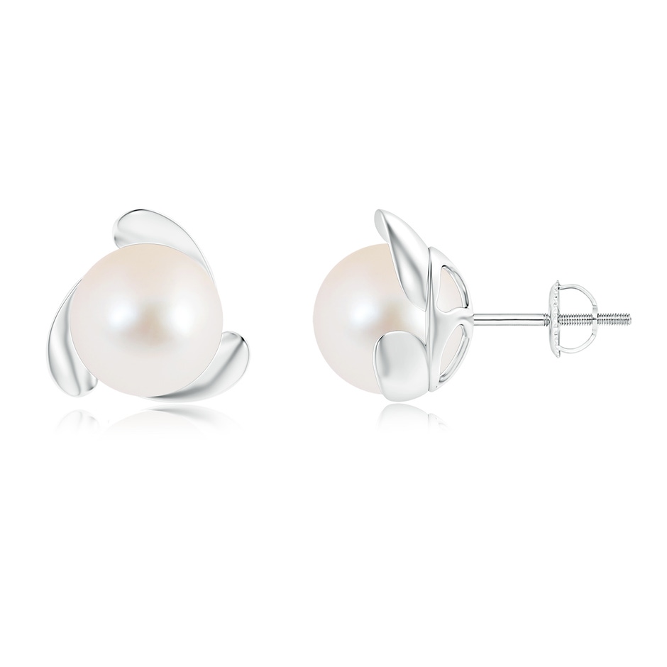 9mm AAA Freshwater Pearl Flower Stud Earrings in White Gold 