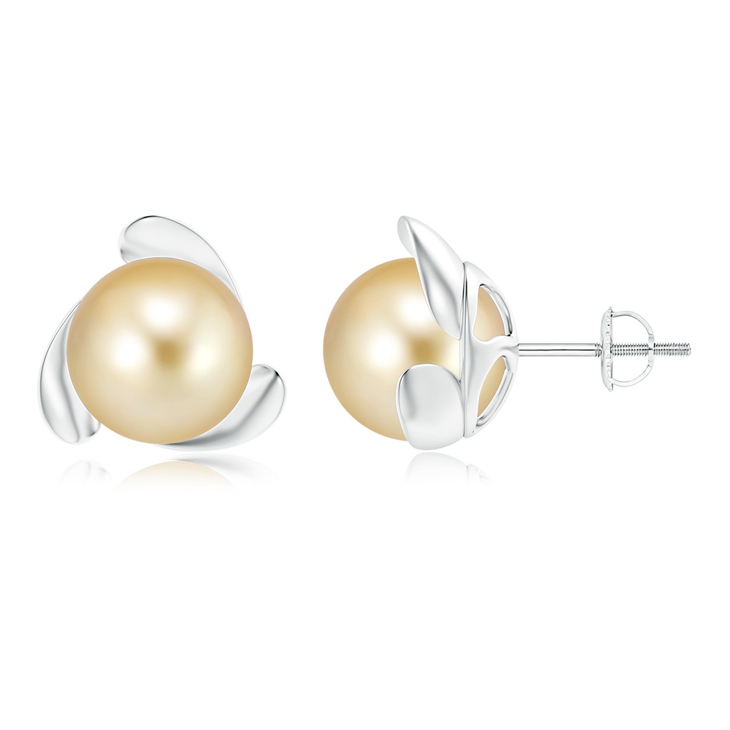 10mm AAAA Golden South Sea Pearl Flower Stud Earrings in White Gold