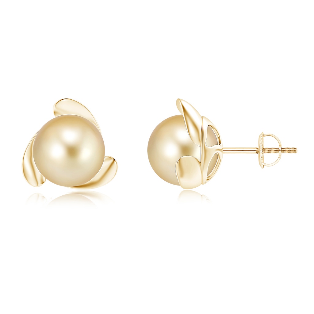 9mm AAAA Golden South Sea Pearl Flower Stud Earrings in Yellow Gold