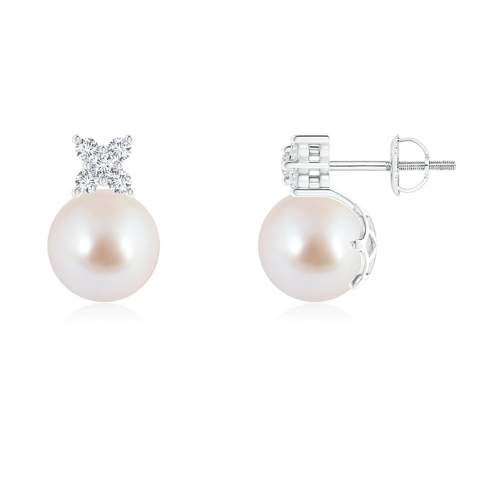 8mm AAA Japanese Akoya Pearl and Diamond Clustre Stud Earrings in White Gold 