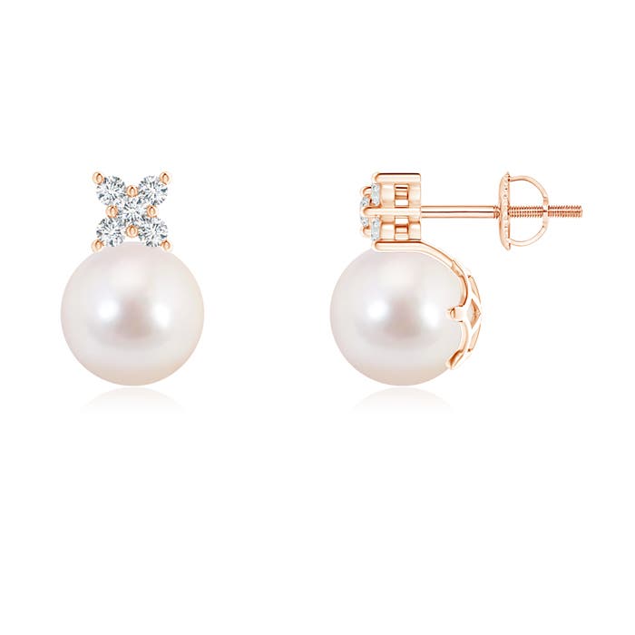 8mm AAAA Japanese Akoya Pearl and Diamond Cluster Stud Earrings in Rose Gold