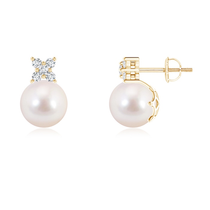 8mm AAAA Japanese Akoya Pearl and Diamond Clustre Stud Earrings in Yellow Gold