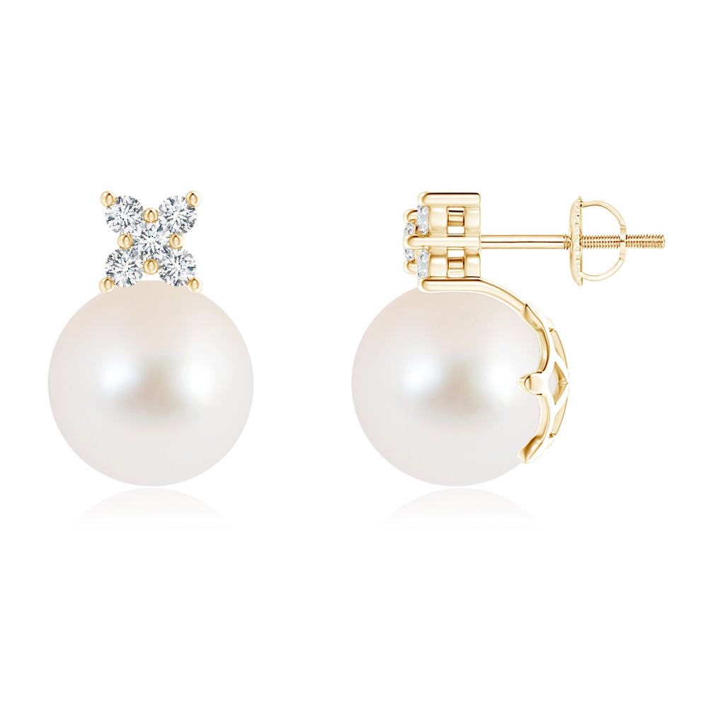 10mm AAA Freshwater Pearl and Diamond Clustre Stud Earrings in Yellow Gold