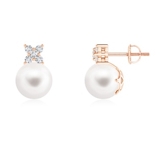8mm AA Freshwater Pearl and Diamond Clustre Stud Earrings in Rose Gold