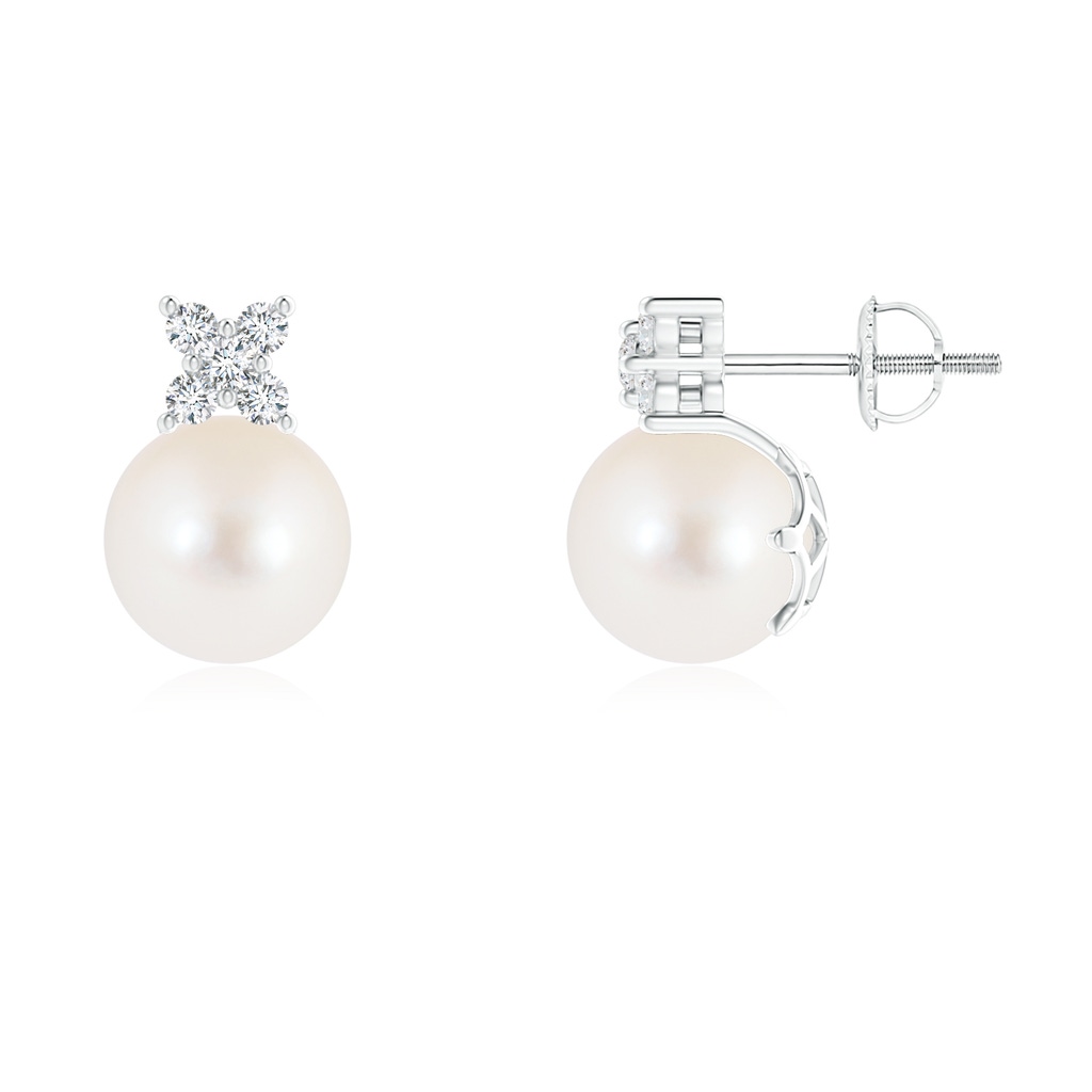 8mm AAA Freshwater Pearl and Diamond Clustre Stud Earrings in White Gold