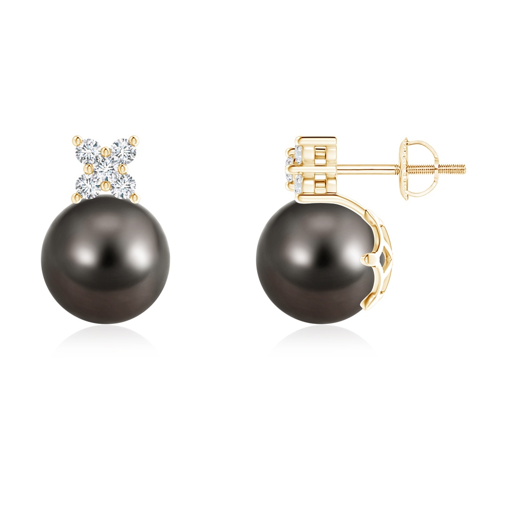 9mm AAA Tahitian Cultured Pearl and Diamond Clustre Stud Earrings in Yellow Gold