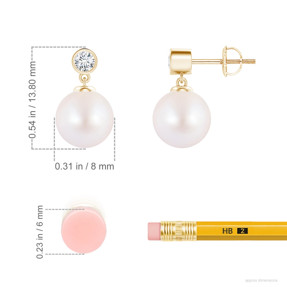 8mm AA Japanese Akoya Pearl Drop Earrings with Bezel Diamond in 18K Yellow Gold ruler