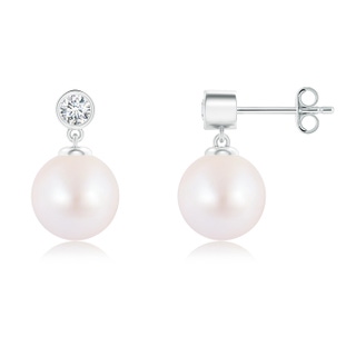 8mm AA Japanese Akoya Pearl Drop Earrings with Bezel Diamond in S999 Silver