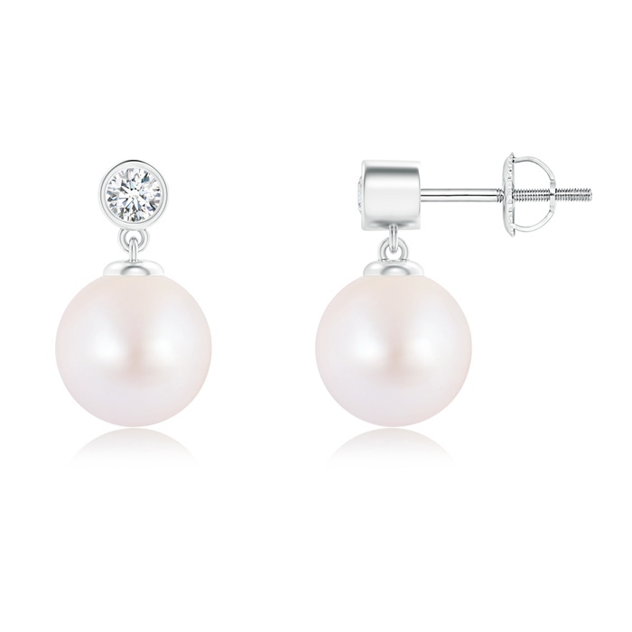 8mm AA Japanese Akoya Pearl Drop Earrings with Bezel Diamond in White Gold 