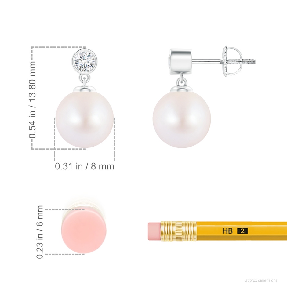 8mm AA Japanese Akoya Pearl Drop Earrings with Bezel Diamond in White Gold ruler
