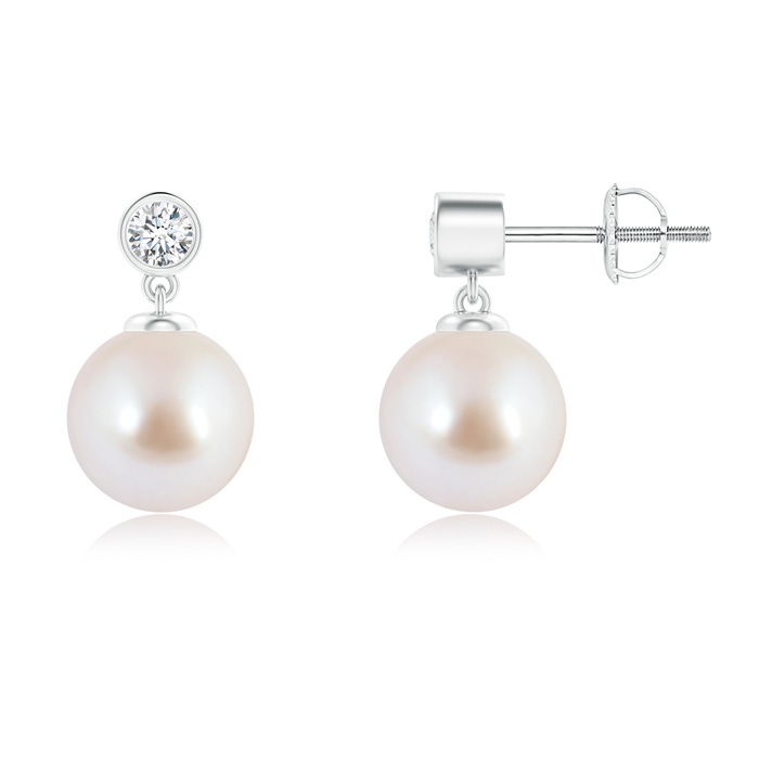 8mm AAA Japanese Akoya Pearl Drop Earrings with Bezel Diamond in White Gold 