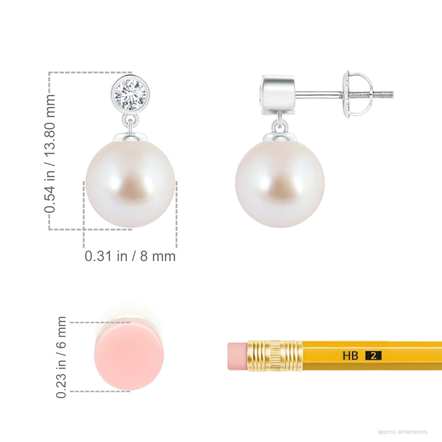 8mm AAA Japanese Akoya Pearl Drop Earrings with Bezel Diamond in White Gold - ruler