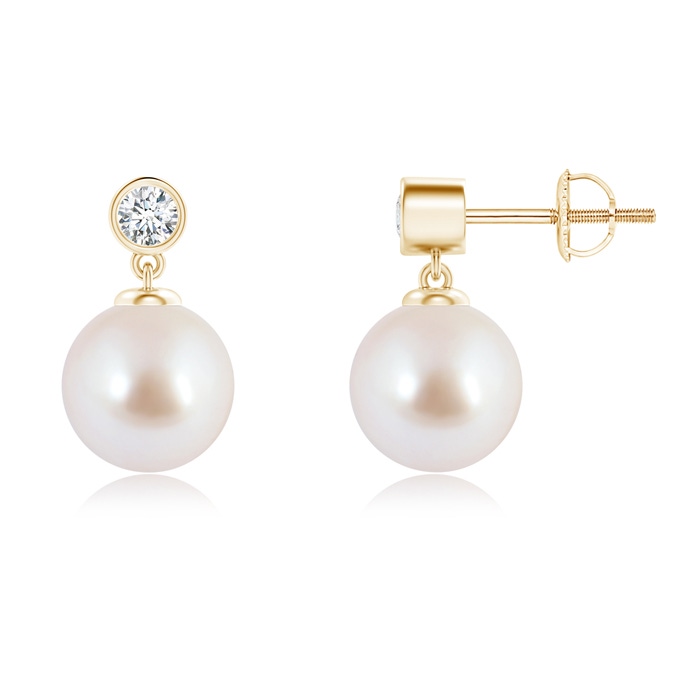 8mm AAA Japanese Akoya Pearl Drop Earrings with Bezel Diamond in Yellow Gold