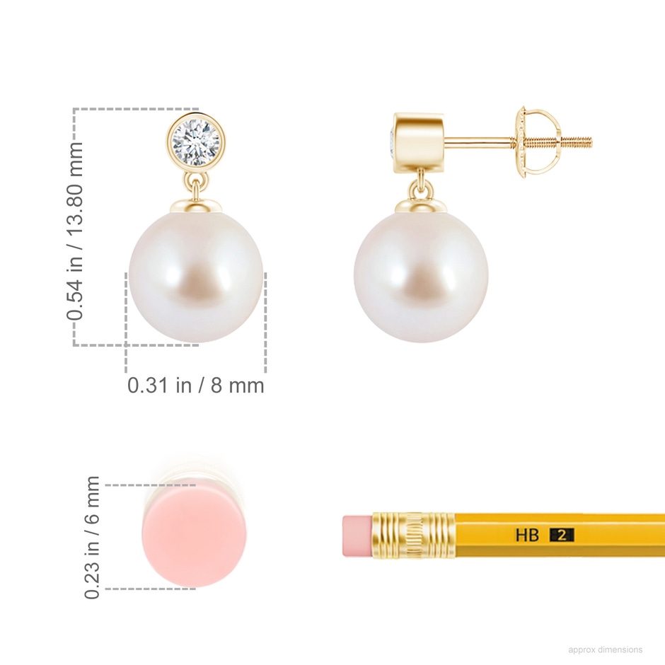 8mm AAA Japanese Akoya Pearl Drop Earrings with Bezel Diamond in Yellow Gold ruler