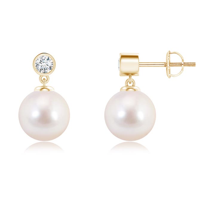 8mm AAAA Japanese Akoya Pearl Drop Earrings with Bezel Diamond in 18K Yellow Gold