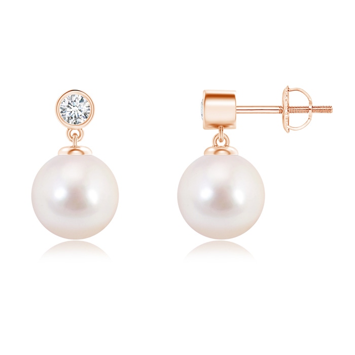 8mm AAAA Japanese Akoya Pearl Drop Earrings with Bezel Diamond in Rose Gold 