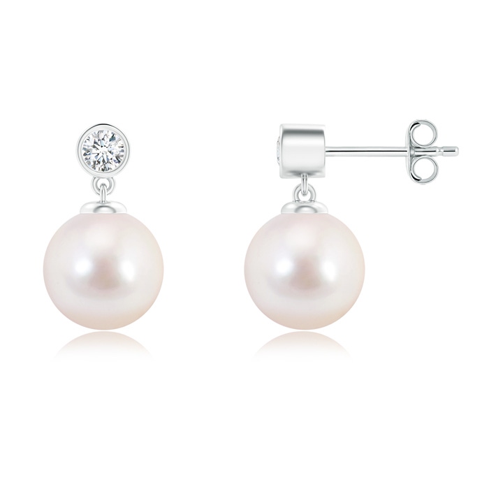 8mm AAAA Japanese Akoya Pearl Drop Earrings with Bezel Diamond in S999 Silver