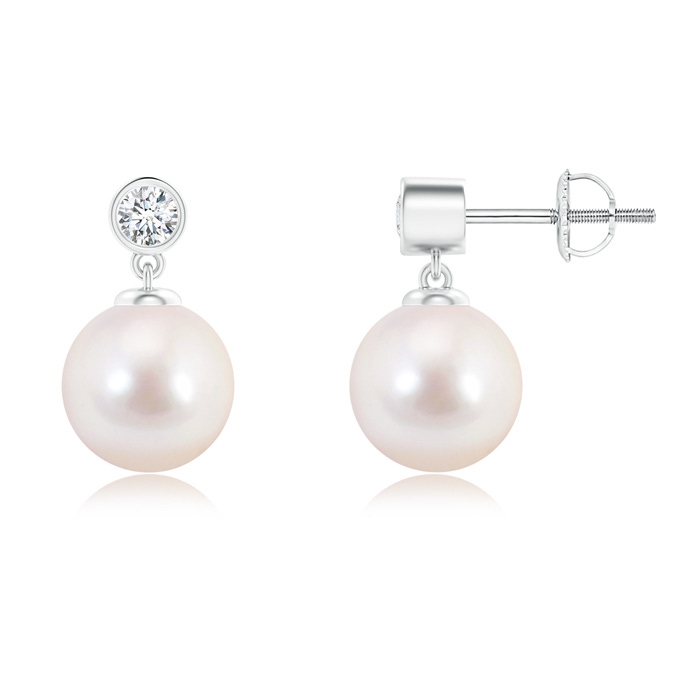 8mm AAAA Japanese Akoya Pearl Drop Earrings with Bezel Diamond in White Gold