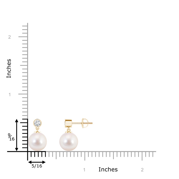 8mm AAAA Japanese Akoya Pearl Drop Earrings with Bezel Diamond in Yellow Gold ruler