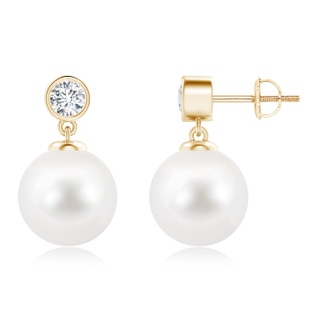 10mm AA Freshwater Pearl Drop Earrings with Bezel Diamond in Yellow Gold