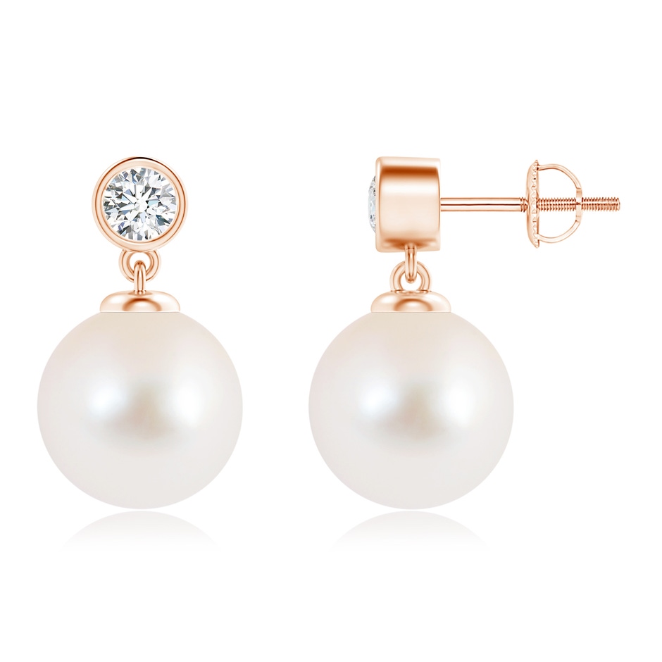 10mm AAA Freshwater Pearl Drop Earrings with Bezel Diamond in Rose Gold 