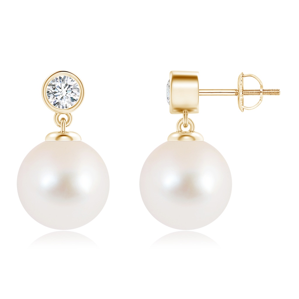 10mm AAA Freshwater Pearl Drop Earrings with Bezel Diamond in Yellow Gold