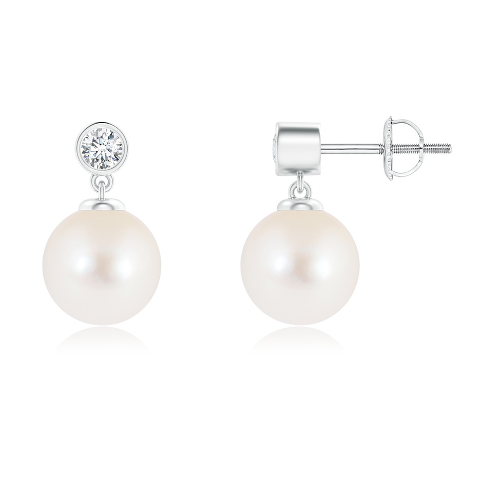 8mm AAA Freshwater Pearl Drop Earrings with Bezel Diamond in White Gold 